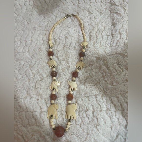 Jewelry - Vintage Elephant Charm Beaded Necklace - Cream and Brown